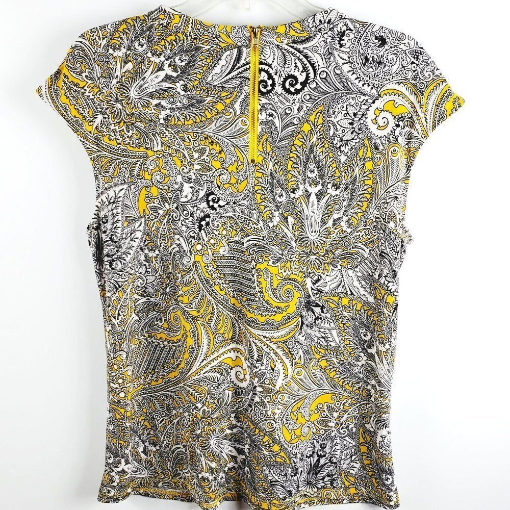 Liz Claiborne Career Short Cap Sleeved Top - Yellow Black White Paisley - Sz M